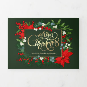 Carte Trois Volets Joyeux Noël vert Floral Multiphoto