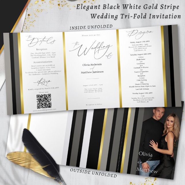 Carte Trois Volets Mariage de typographie Elegant Black Grey Gold Str (Créateur téléchargé)