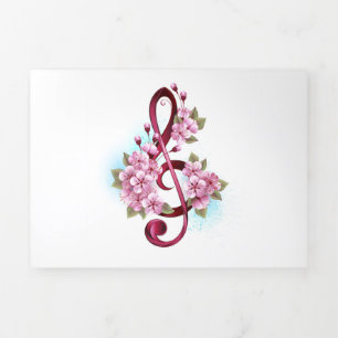 Carte Trois Volets Musical treble clef notes with sakura flowers