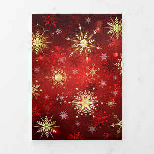 Carte Trois Volets Noël Golden Snowflakes sur Arrière - plan rouge