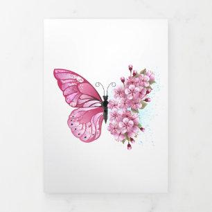 Carte Trois Volets Papillon à fleurs avec Sakura rose