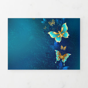 Carte Trois Volets Papillons d'or sur un Arrière - plan bleu