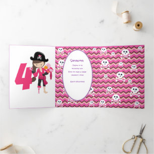 Carte Trois Volets Pâte rose Parties scintillant Pirate Girl 4e anniv