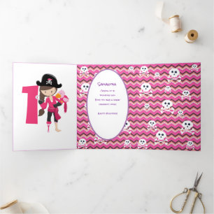 Carte Trois Volets Pirate rose 1er anniversaire