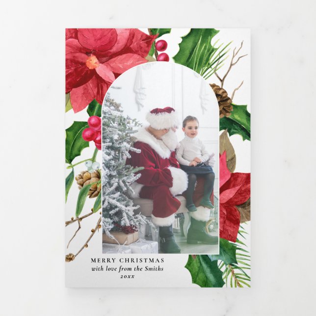 Carte Trois Volets Poinsettia et Holly Arché Photo-White BG (Page de couverture)