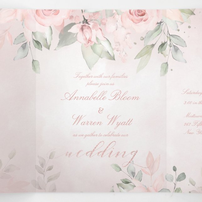 Carte Trois Volets Romantic Blush Pink Secret Garden Roses Mariage (Intérieur au milieu)