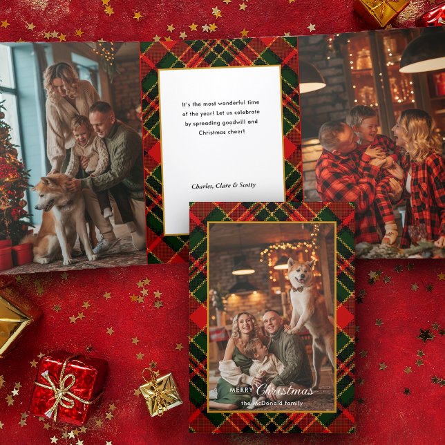 Carte Trois Volets Rouge, Vert, Or Plaid de Noël Classique 1-Photo (Créateur téléchargé)