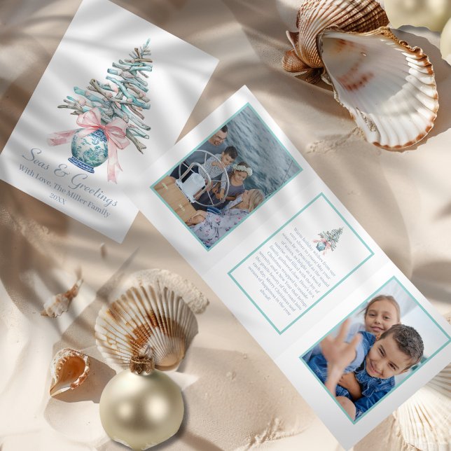 Carte Trois Volets Seas & salutations Conduite Arbre de Noël 2 photos (Seas & Greetings Driftwood Christmas Tree 2-Photo Tri-Fold Card)