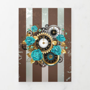 Carte Trois Volets Steampunk Clock and Turquoise Roses on Striped