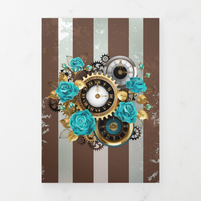Carte Trois Volets Steampunk Clock and Turquoise Roses on Striped (Page de couverture)