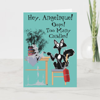 Carte trop de bougies drôle de dessin animé chat gâteau 