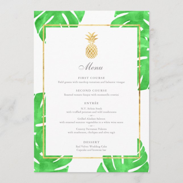 Carte Tropical Ananas Gold & Green Mariage Menu (Devant)