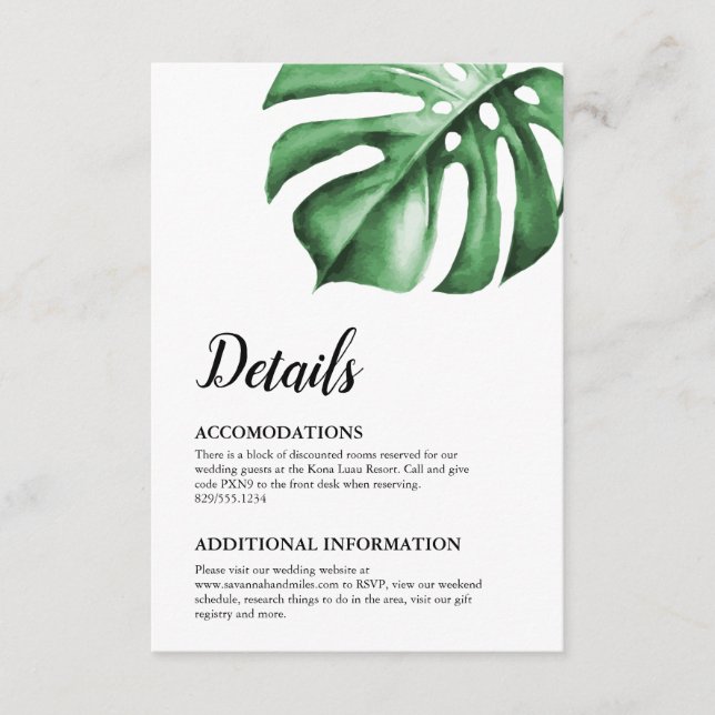 Carte Tropical Palm Monstera Détails de la feuille (Devant)