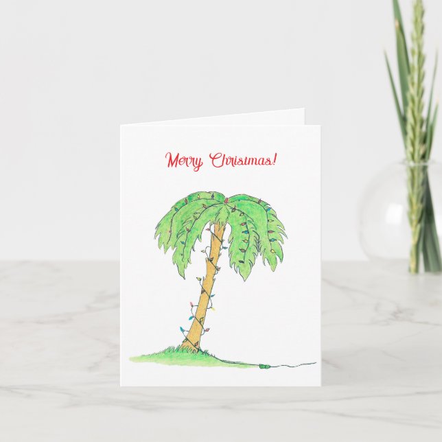 Carte Tropical Palm Tree Merry Christmas Card w/ Lights! (Devant)