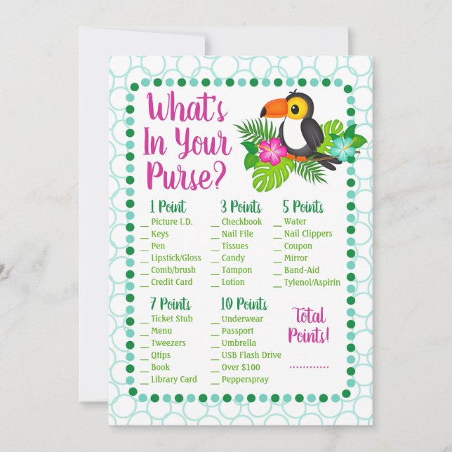 Carte Tropical Toucan What's In Your Purse Shower Game (Devant)