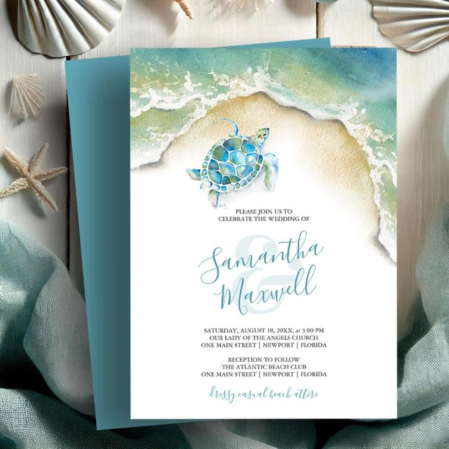 Carte Tropical Turquoise Mariage d'aquarelle de tortue m (Beach wedding invitations watercolor sea turtle art by Victoria Grigaliunas of Do Tell A Belle)