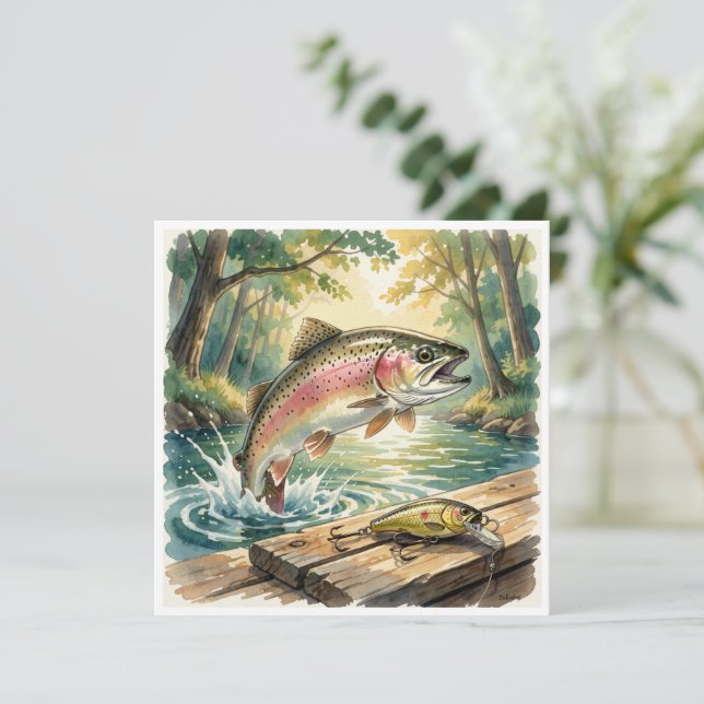 Carte Truite arc-en-ciel sautant dans un ruisseau de for (Debout devant)