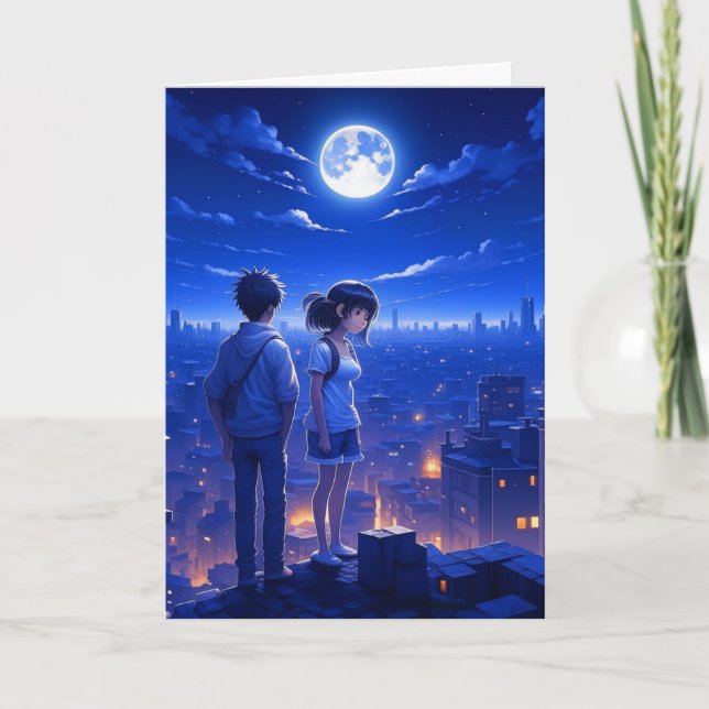 Carte Tu me manques | Couple d'anime sous la Lune (Devant)