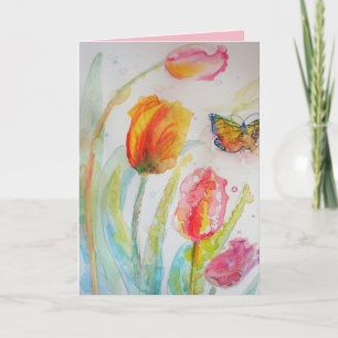Carte Tulipe colorée et papillon Aquarelle Salutations