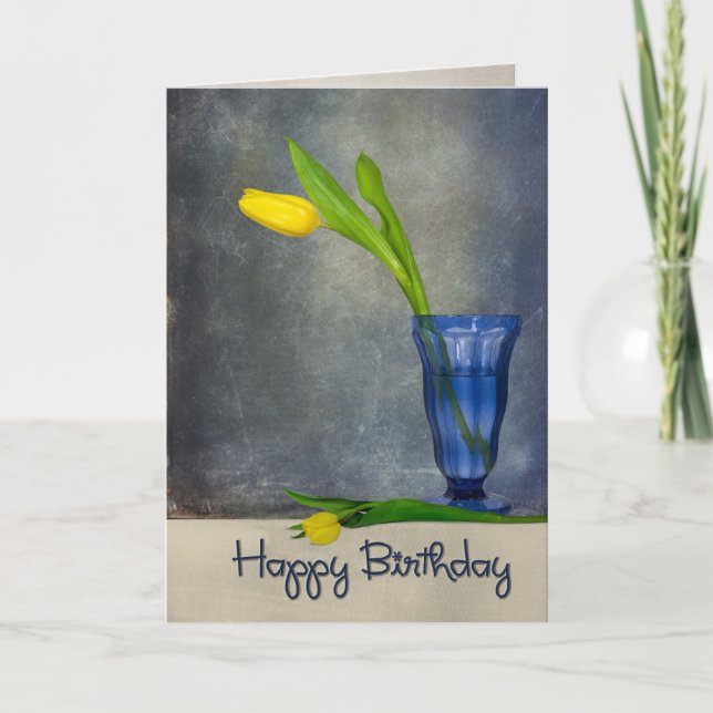 Carte tulipe jaune d'anniversaire en verre bleu (Devant)