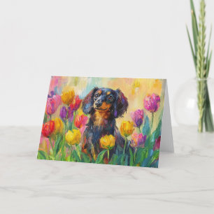 Carte Tulipes colorées Dachshund mignonne Peinture
