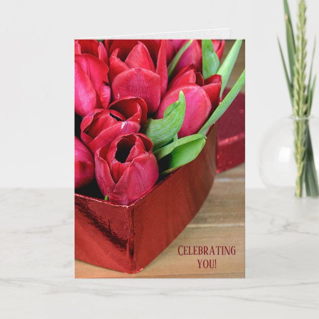 Carte tulipes d'anniversaire rouge dans une boîte cardia (Devant)