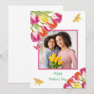 Carte Tulipes et papillons Photo blanche Fête des mères