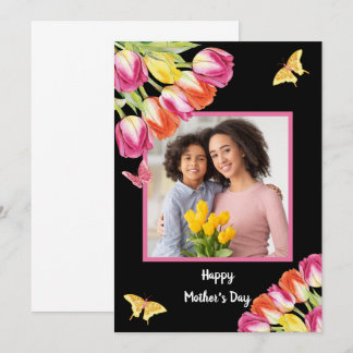 Carte Tulipes et papillons Photo noire Fête des mères