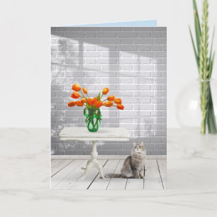 Carte Tulipes orange avec chat se tirer bien bientôt