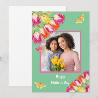 Carte Tulipes & Papillons Vert Photo Fête des Mères