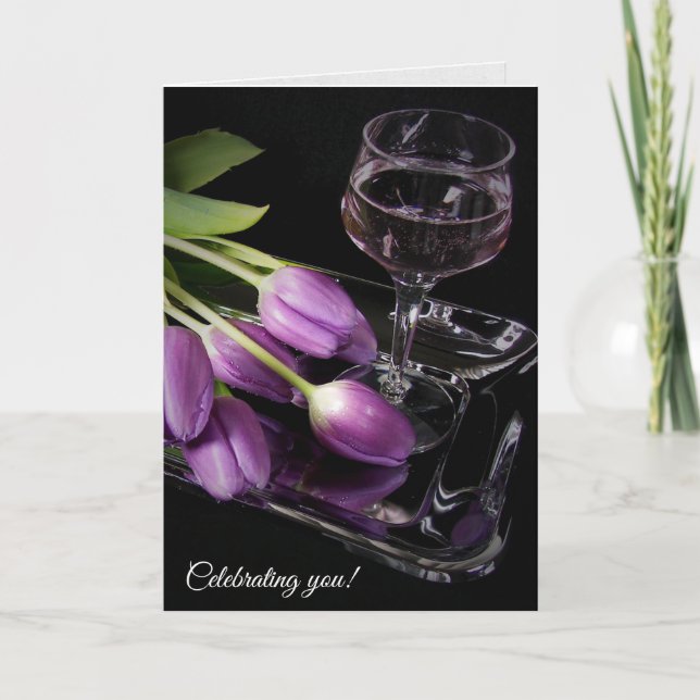 Carte tulipes pourpres d'anniversaire et vin (Devant)