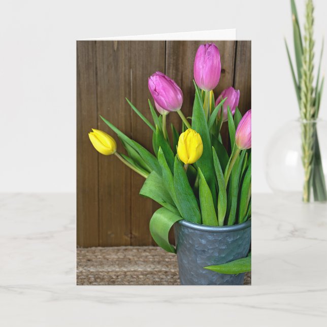 Carte Tulipes Roses Et Jaunes Dans Le Pail (Devant)
