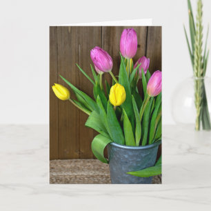 Carte tulipes roses et jaunes dans un seau