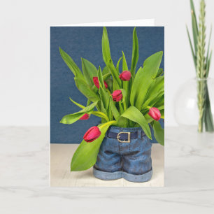 Carte Tulipes rouges Fête des Mères en jean bleu