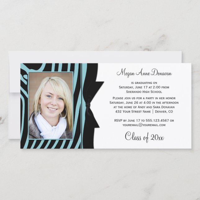 Carte Turquoise Black Zebra Print Photo Graduation Party (Devant)