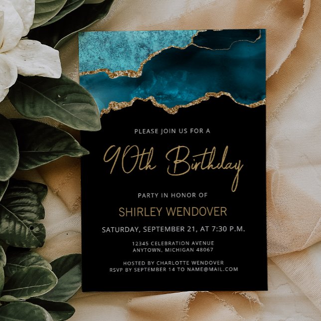 Carte Turquoise Blue Gold Agate 90e anniversaire Invitat (Créateur téléchargé)