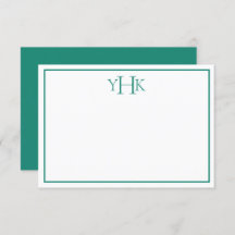 Carte turquoise et blanche Monogramme Note Plat