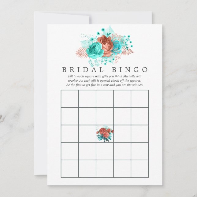 Carte Turquoise et Corail Tropical Floral Bingo nuptiale (Devant)