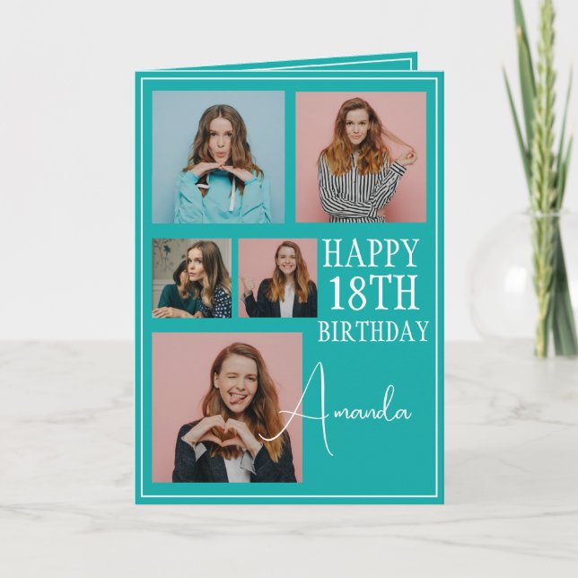 Carte Turquoise moderne 5 photo Collage 18e anniversaire (Devant)