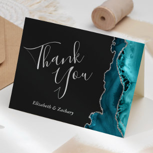 Carte Turquoise moderne Agate Argent Mariage foncé Merci