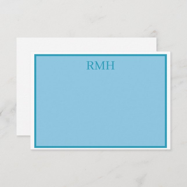 Carte turquoise Monogramme en bleu et blanc (Devant / Derrière)