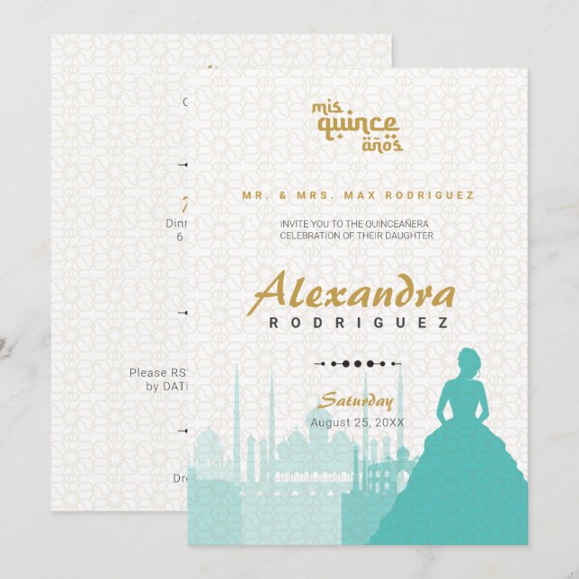 Carte Turquoise & Or Arabian Quinceañera Photo (Devant / Derrière)