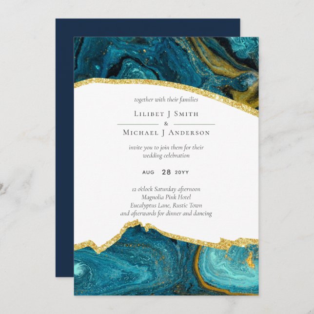 Carte Turquoise Peacock Blue Gold Agate Mariage (Devant / Derrière)