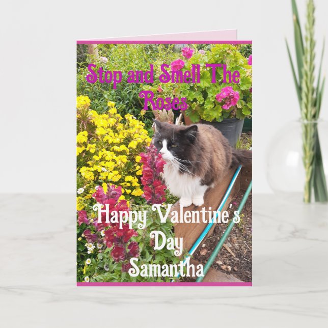 Carte Tuxedo Cat Sniffing Flowers Funny Valentines Day (Devant)