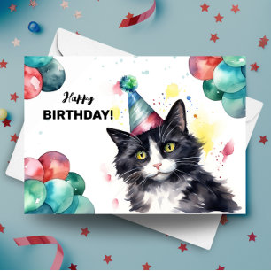 Carte Tuxedo Chat Balloons et Casquette de fête Joyeux a