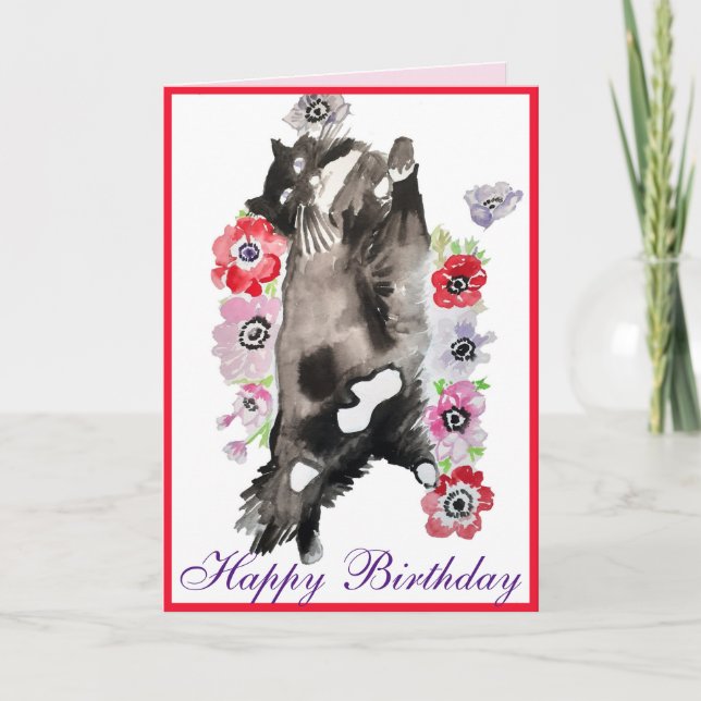 Carte Tuxedo Chat Cute Jolie Fleurs Chats Aquarelle Voit (Devant)