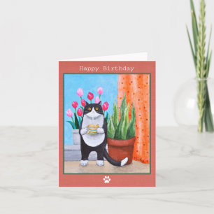 Carte Tuxedo Chat noir et blanc avec café Anniversaire