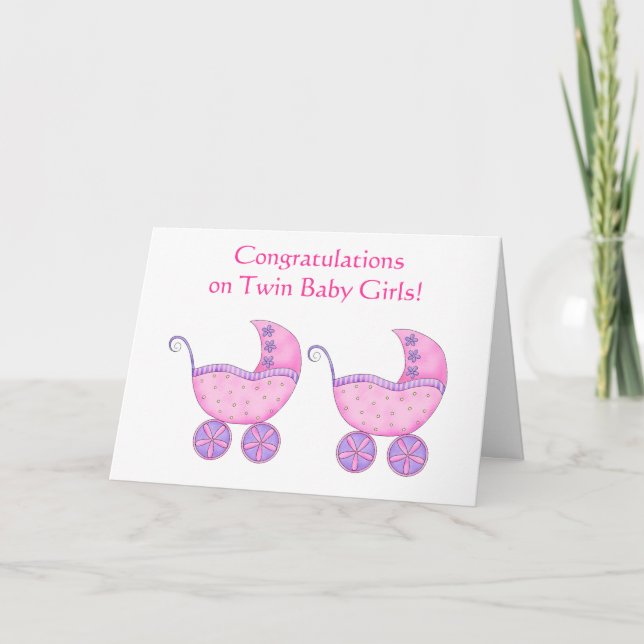 Carte Twin Baby Girls Félicitations Pink Buggy (Devant)
