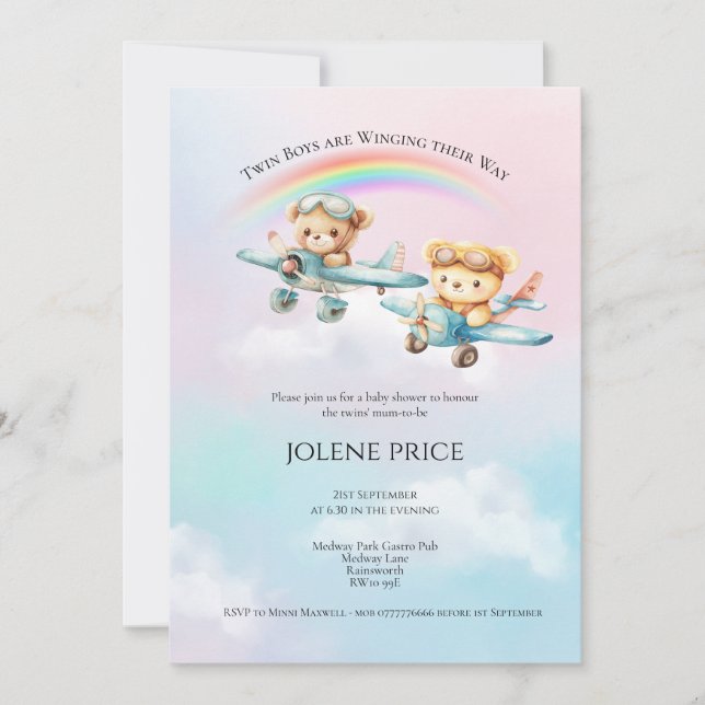 Carte Twin Boys, Winging their Way Baby Shower  (Devant)
