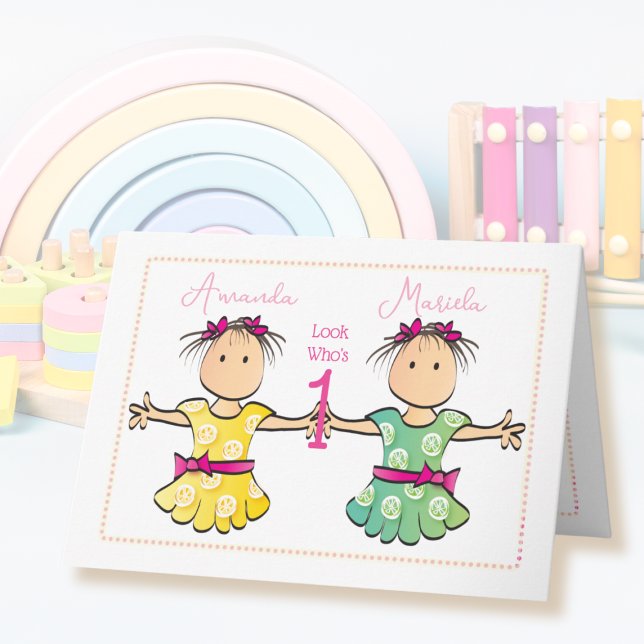 Carte Twin Girls Brown Hair mignonne Cartoon 1er anniver (Créateur téléchargé)